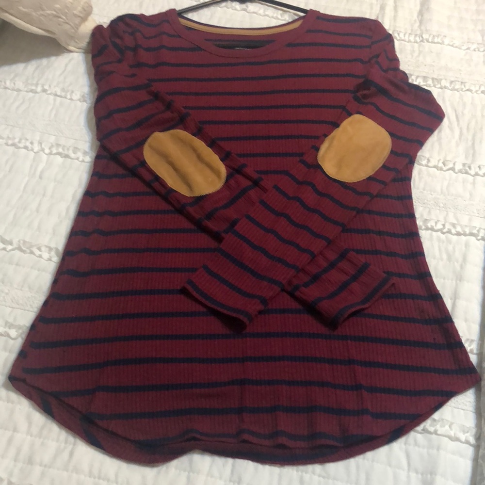 Burgundy with navy stripes long sleeve top with suede elbow patches